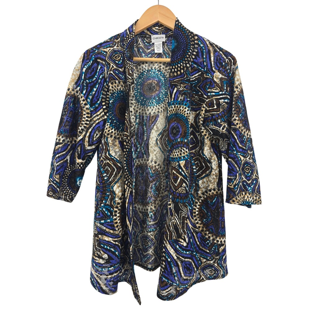 Chico's Cardigan Womens Size 0 Blue Abstract Mesh Open Front Kimono Jacket